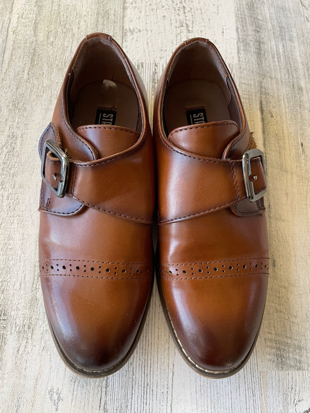Stacy Adam’s Boys dress shoes by Brown Leather Velcro Front Buckles SZ 12 EUC